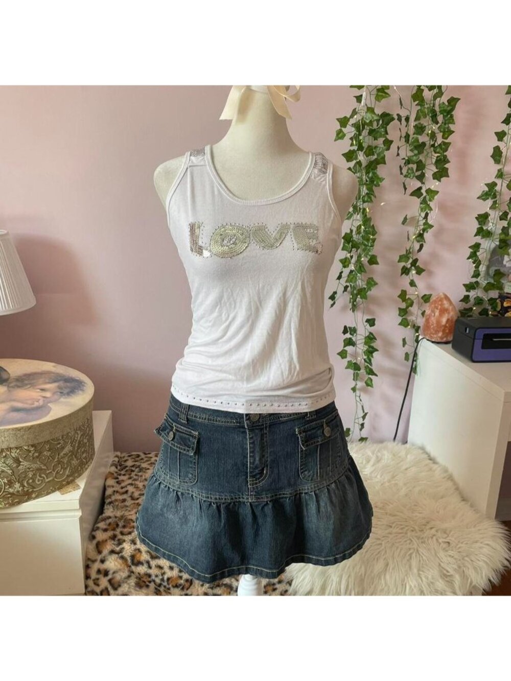 2000s Love sequin embellished white tank top